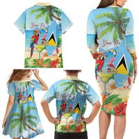 Personalized Saint Lucia Christmas Family Matching Long Sleeve Bodycon Dress and Hawaiian Shirt Chill Macaw Parrot Caribbean Tropical Style - Wonder Print Shop
