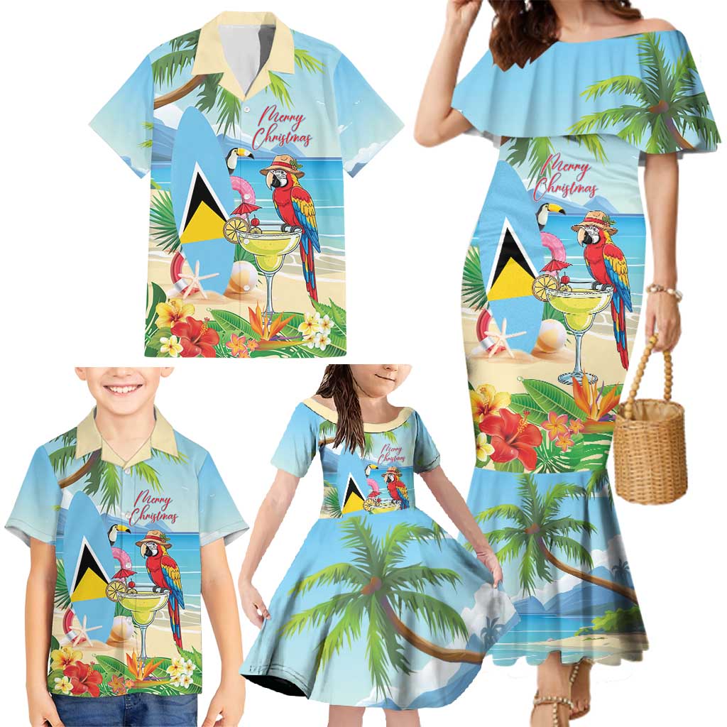 Personalized Saint Lucia Christmas Family Matching Mermaid Dress and Hawaiian Shirt Chill Macaw Parrot Caribbean Tropical Style - Wonder Print Shop