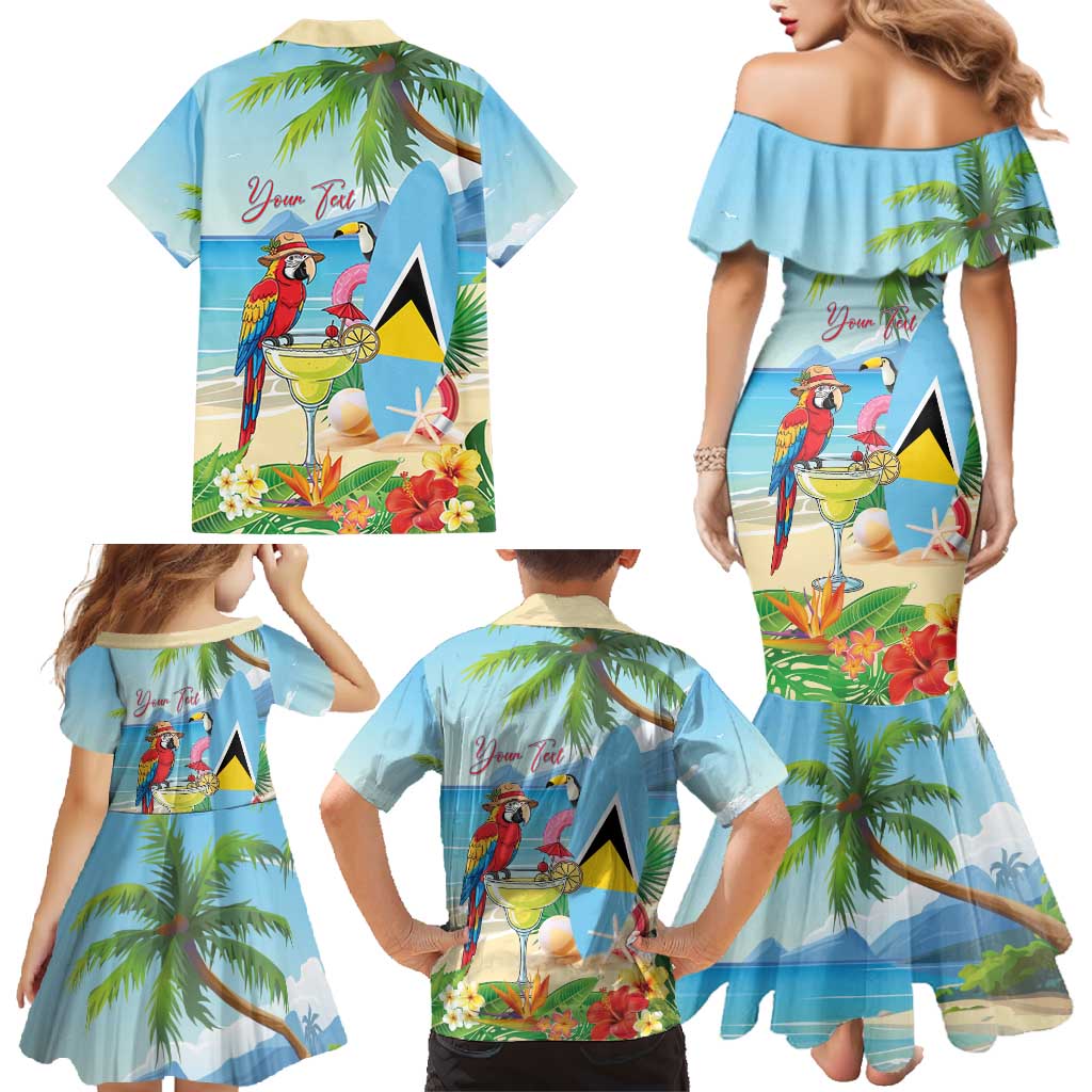 Personalized Saint Lucia Christmas Family Matching Mermaid Dress and Hawaiian Shirt Chill Macaw Parrot Caribbean Tropical Style - Wonder Print Shop