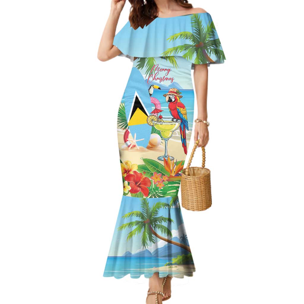 Personalized Saint Lucia Christmas Family Matching Mermaid Dress and Hawaiian Shirt Chill Macaw Parrot Caribbean Tropical Style - Wonder Print Shop