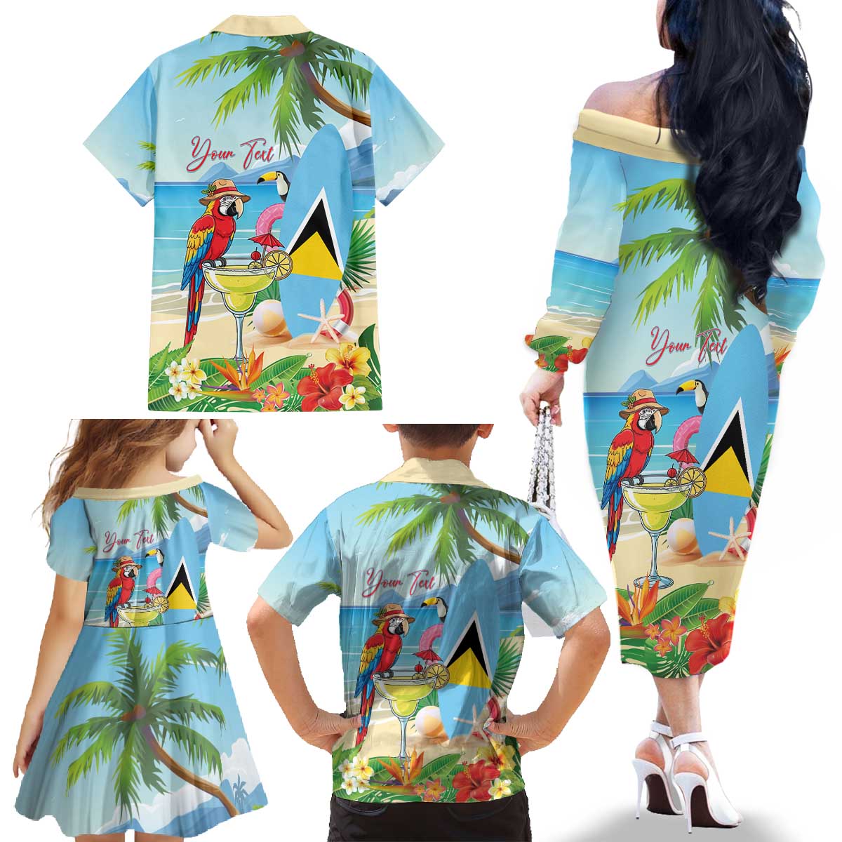 Personalized Saint Lucia Christmas Family Matching Off The Shoulder Long Sleeve Dress and Hawaiian Shirt Chill Macaw Parrot Caribbean Tropical Style - Wonder Print Shop