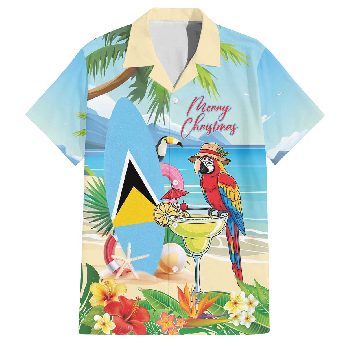 Personalized Saint Lucia Christmas Family Matching Off The Shoulder Long Sleeve Dress and Hawaiian Shirt Chill Macaw Parrot Caribbean Tropical Style - Wonder Print Shop