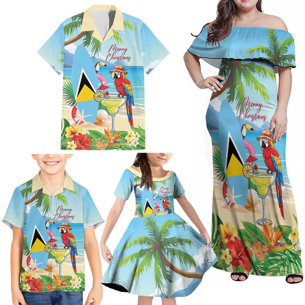 Personalized Saint Lucia Christmas Family Matching Off Shoulder Maxi Dress and Hawaiian Shirt Chill Macaw Parrot Caribbean Tropical Style - Wonder Print Shop