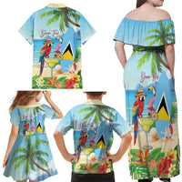 Personalized Saint Lucia Christmas Family Matching Off Shoulder Maxi Dress and Hawaiian Shirt Chill Macaw Parrot Caribbean Tropical Style - Wonder Print Shop