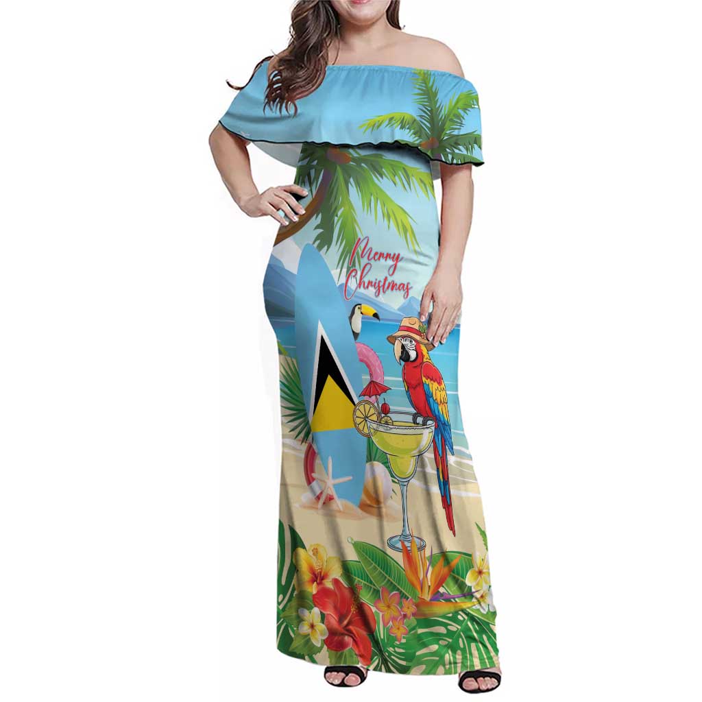 Personalized Saint Lucia Christmas Family Matching Off Shoulder Maxi Dress and Hawaiian Shirt Chill Macaw Parrot Caribbean Tropical Style - Wonder Print Shop