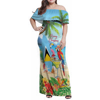 Personalized Saint Lucia Christmas Family Matching Off Shoulder Maxi Dress and Hawaiian Shirt Chill Macaw Parrot Caribbean Tropical Style - Wonder Print Shop
