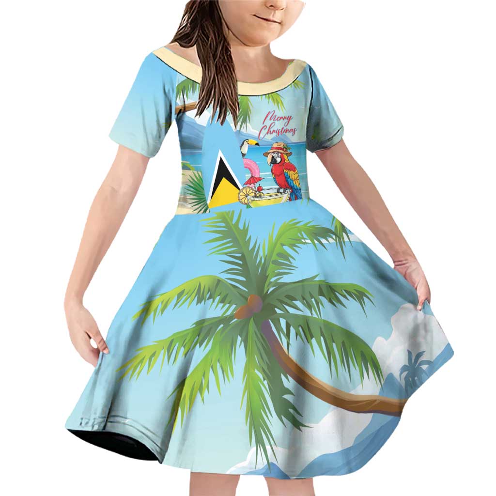 Personalized Saint Lucia Christmas Family Matching Off Shoulder Short Dress and Hawaiian Shirt Chill Macaw Parrot Caribbean Tropical Style - Wonder Print Shop