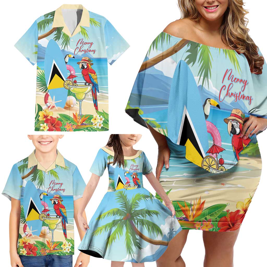 Personalized Saint Lucia Christmas Family Matching Off Shoulder Short Dress and Hawaiian Shirt Chill Macaw Parrot Caribbean Tropical Style - Wonder Print Shop