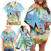 Personalized Saint Lucia Christmas Family Matching Off Shoulder Short Dress and Hawaiian Shirt Chill Macaw Parrot Caribbean Tropical Style - Wonder Print Shop