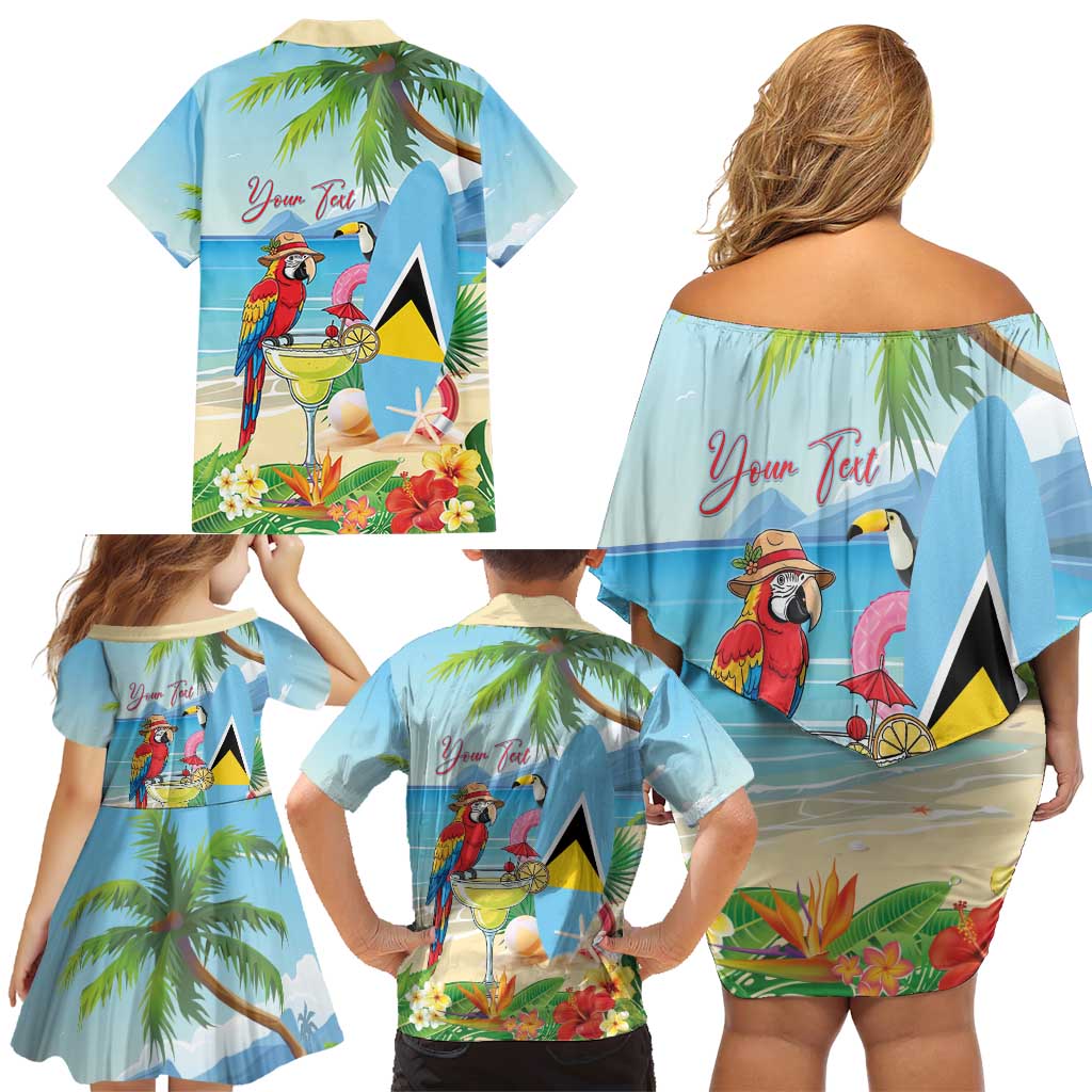 Personalized Saint Lucia Christmas Family Matching Off Shoulder Short Dress and Hawaiian Shirt Chill Macaw Parrot Caribbean Tropical Style - Wonder Print Shop