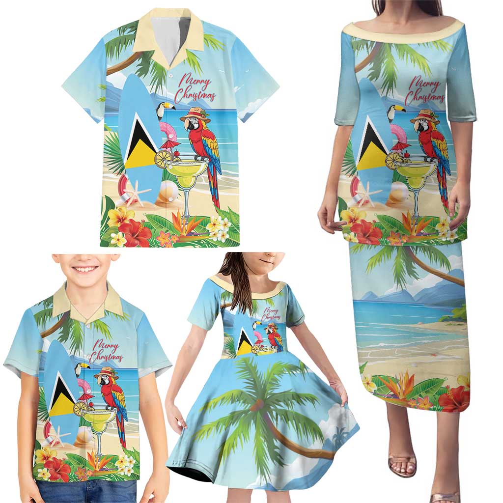Personalized Saint Lucia Christmas Family Matching Puletasi and Hawaiian Shirt Chill Macaw Parrot Caribbean Tropical Style - Wonder Print Shop
