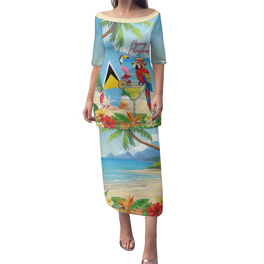 Personalized Saint Lucia Christmas Family Matching Puletasi and Hawaiian Shirt Chill Macaw Parrot Caribbean Tropical Style - Wonder Print Shop