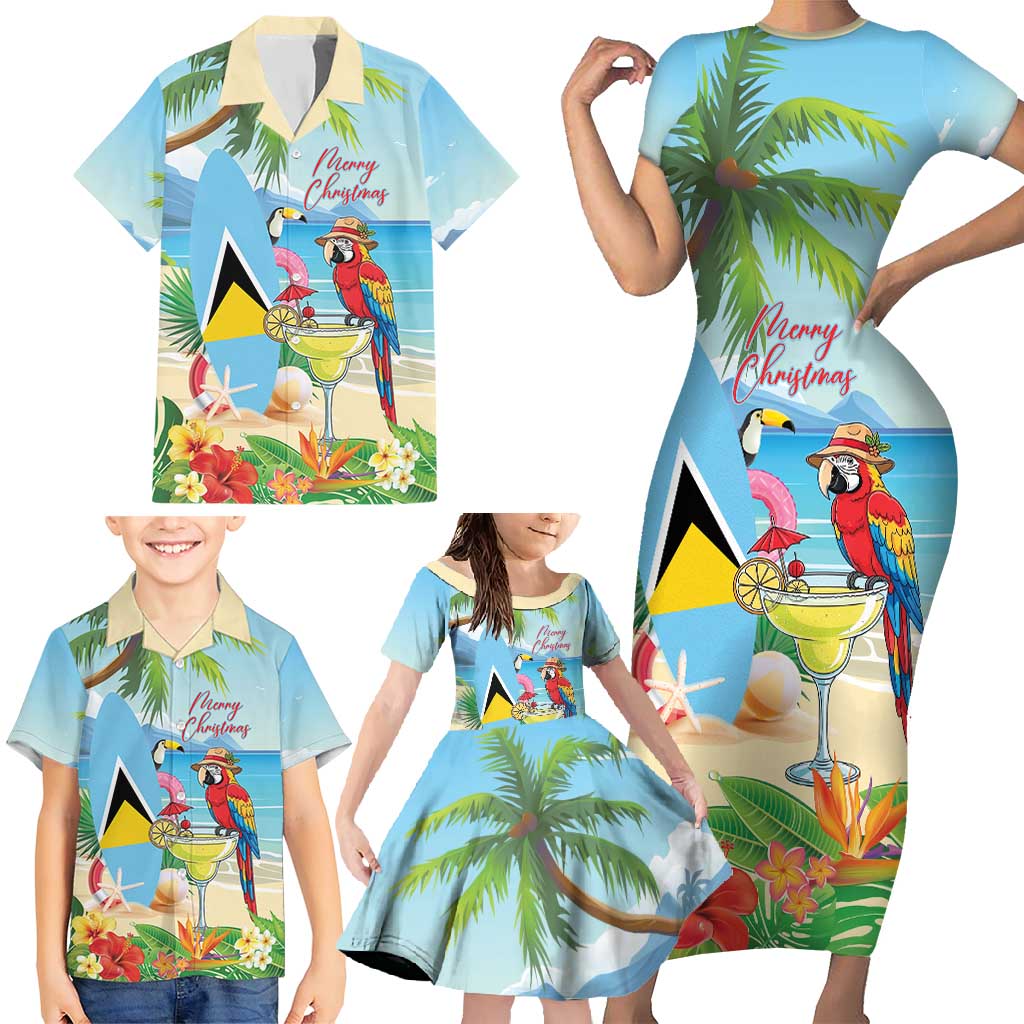 Personalized Saint Lucia Christmas Family Matching Short Sleeve Bodycon Dress and Hawaiian Shirt Chill Macaw Parrot Caribbean Tropical Style - Wonder Print Shop