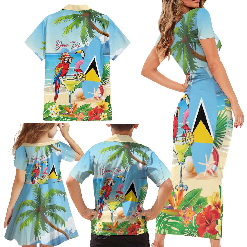 Personalized Saint Lucia Christmas Family Matching Short Sleeve Bodycon Dress and Hawaiian Shirt Chill Macaw Parrot Caribbean Tropical Style - Wonder Print Shop
