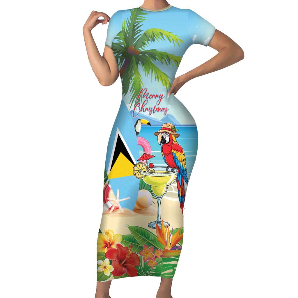 Personalized Saint Lucia Christmas Family Matching Short Sleeve Bodycon Dress and Hawaiian Shirt Chill Macaw Parrot Caribbean Tropical Style - Wonder Print Shop