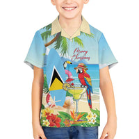 Personalized Saint Lucia Christmas Family Matching Short Sleeve Bodycon Dress and Hawaiian Shirt Chill Macaw Parrot Caribbean Tropical Style - Wonder Print Shop