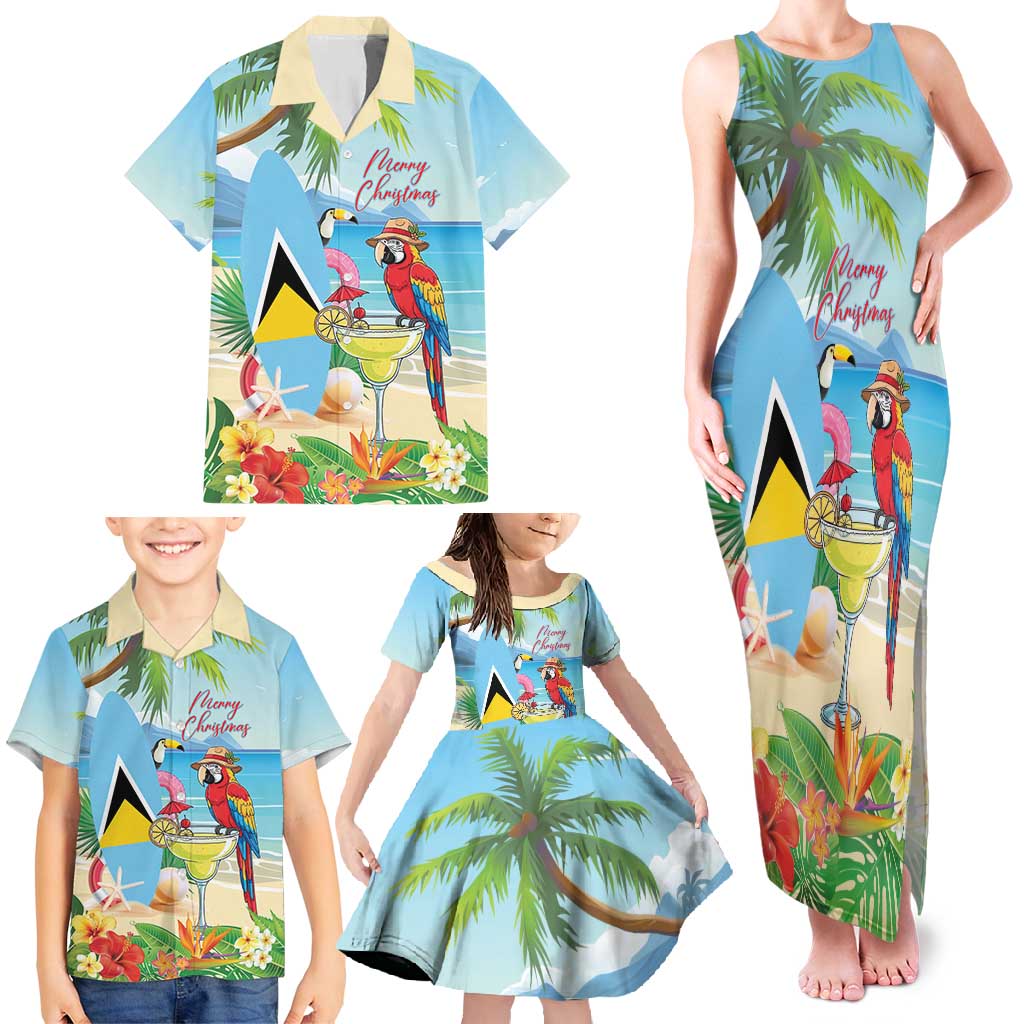 Personalized Saint Lucia Christmas Family Matching Tank Maxi Dress and Hawaiian Shirt Chill Macaw Parrot Caribbean Tropical Style - Wonder Print Shop