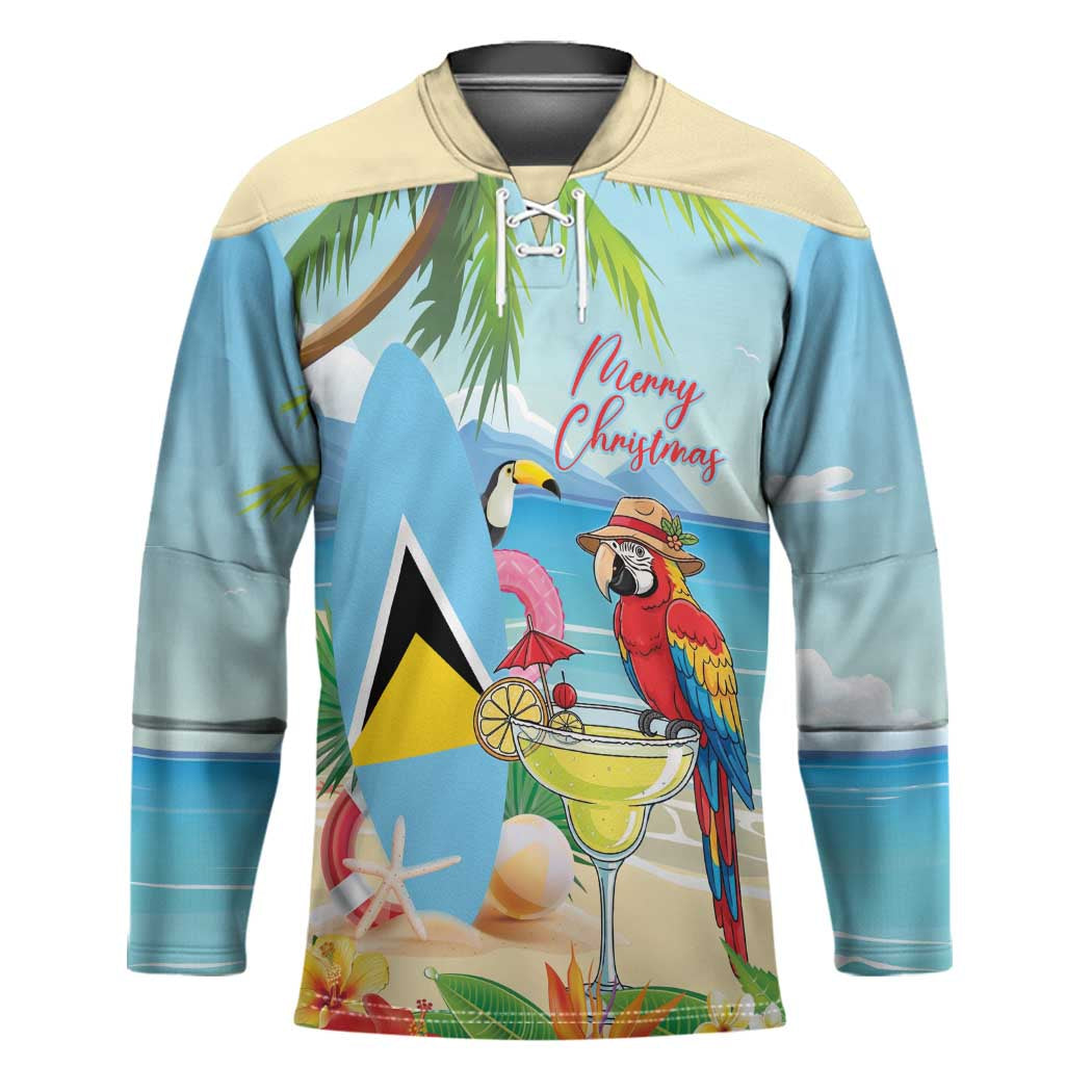 Personalized Saint Lucia Christmas Hockey Jersey Chill Macaw Parrot Caribbean Tropical Style - Wonder Print Shop