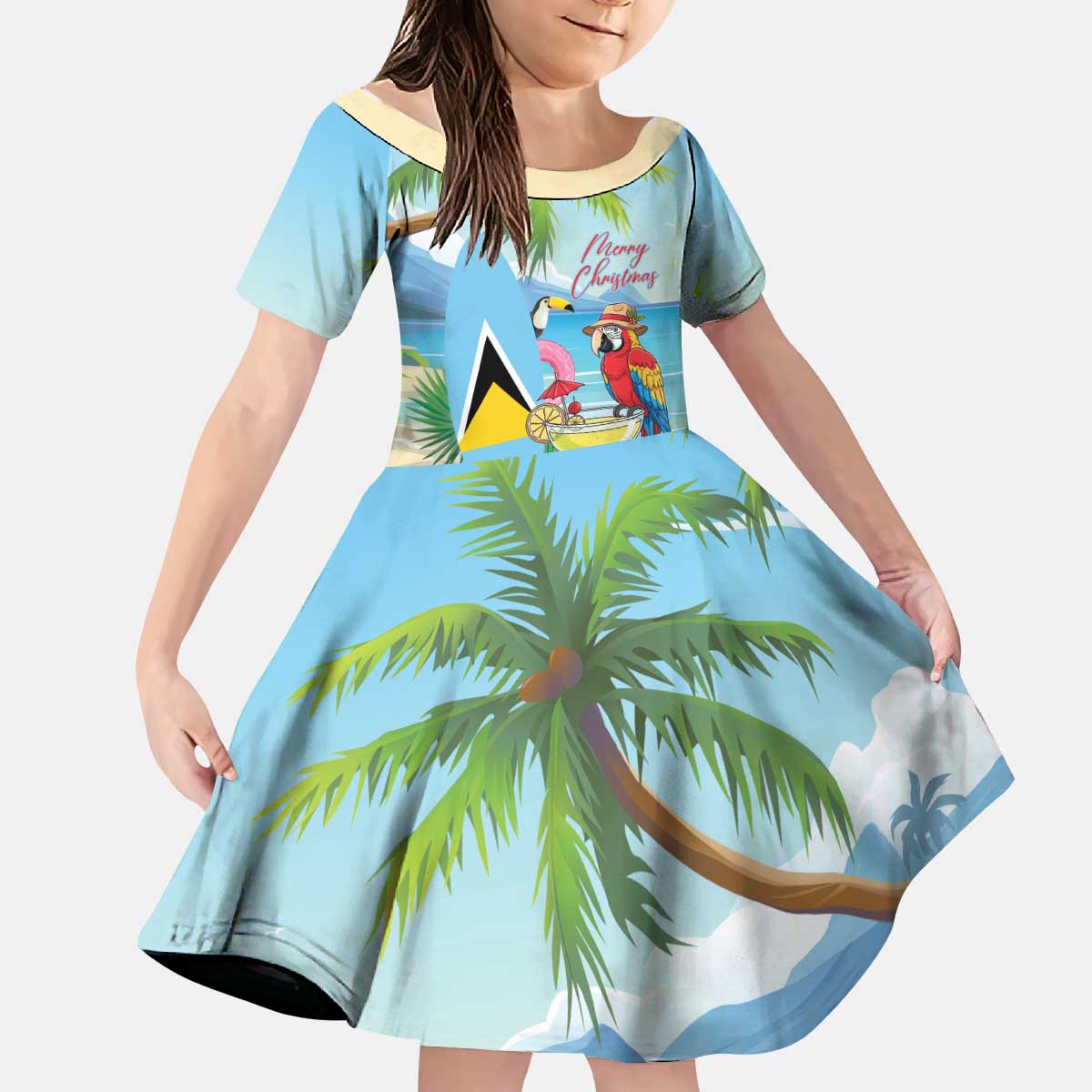 Personalized Saint Lucia Christmas Kid Short Sleeve Dress Chill Macaw Parrot Caribbean Tropical Style - Wonder Print Shop