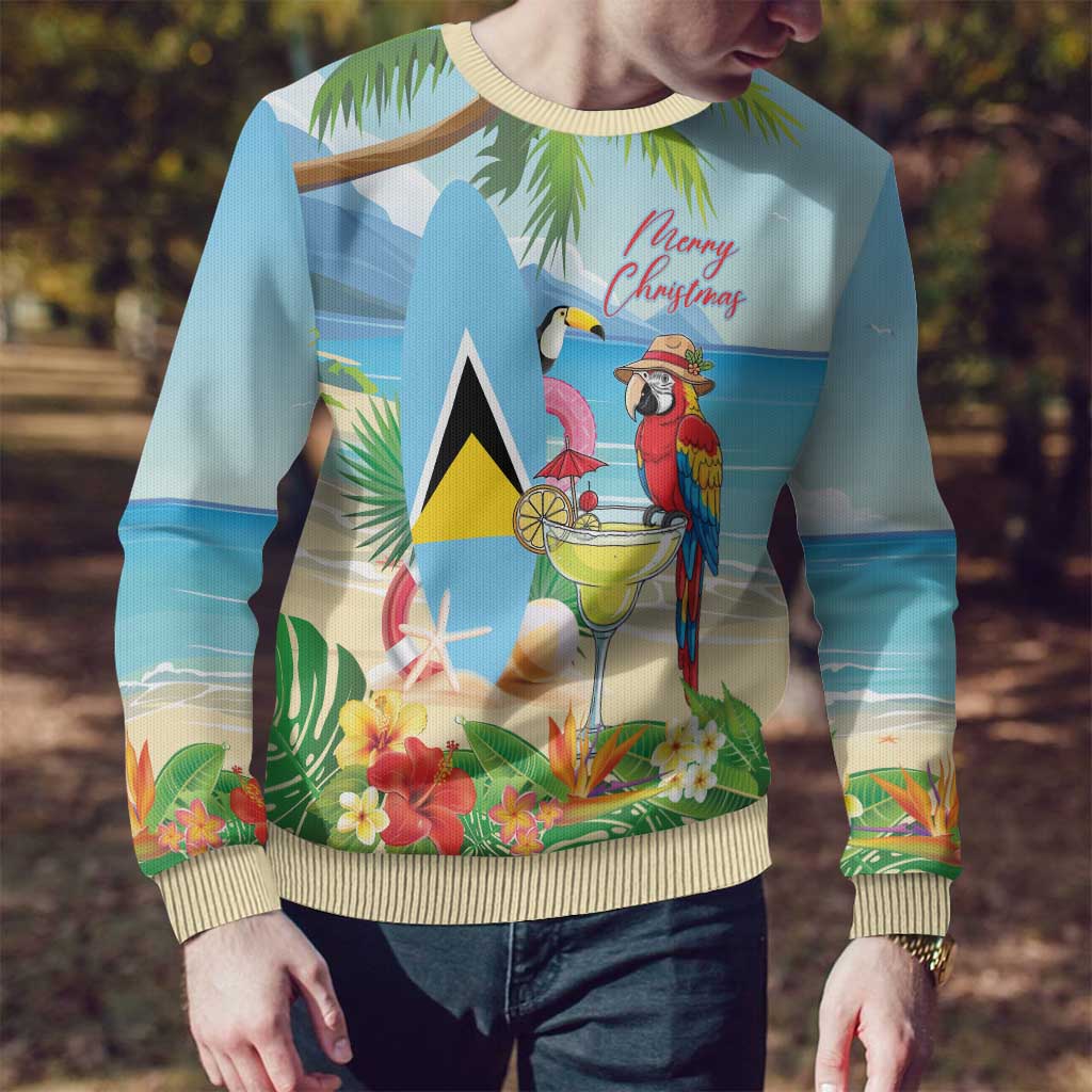 Personalized Saint Lucia Christmas Ugly Christmas Sweater Chill Macaw Parrot Caribbean Tropical Style - Wonder Print Shop