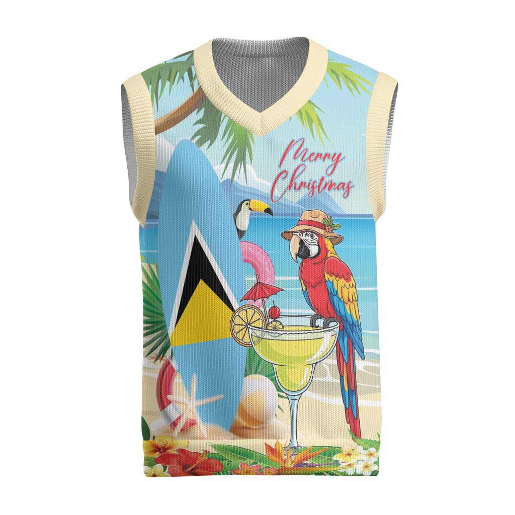 Personalized Saint Lucia Christmas Knitted V-Neck Vest Chill Macaw Parrot Caribbean Tropical Style - Wonder Print Shop