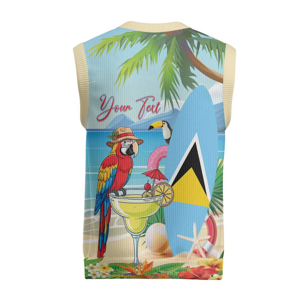 Personalized Saint Lucia Christmas Knitted V-Neck Vest Chill Macaw Parrot Caribbean Tropical Style - Wonder Print Shop