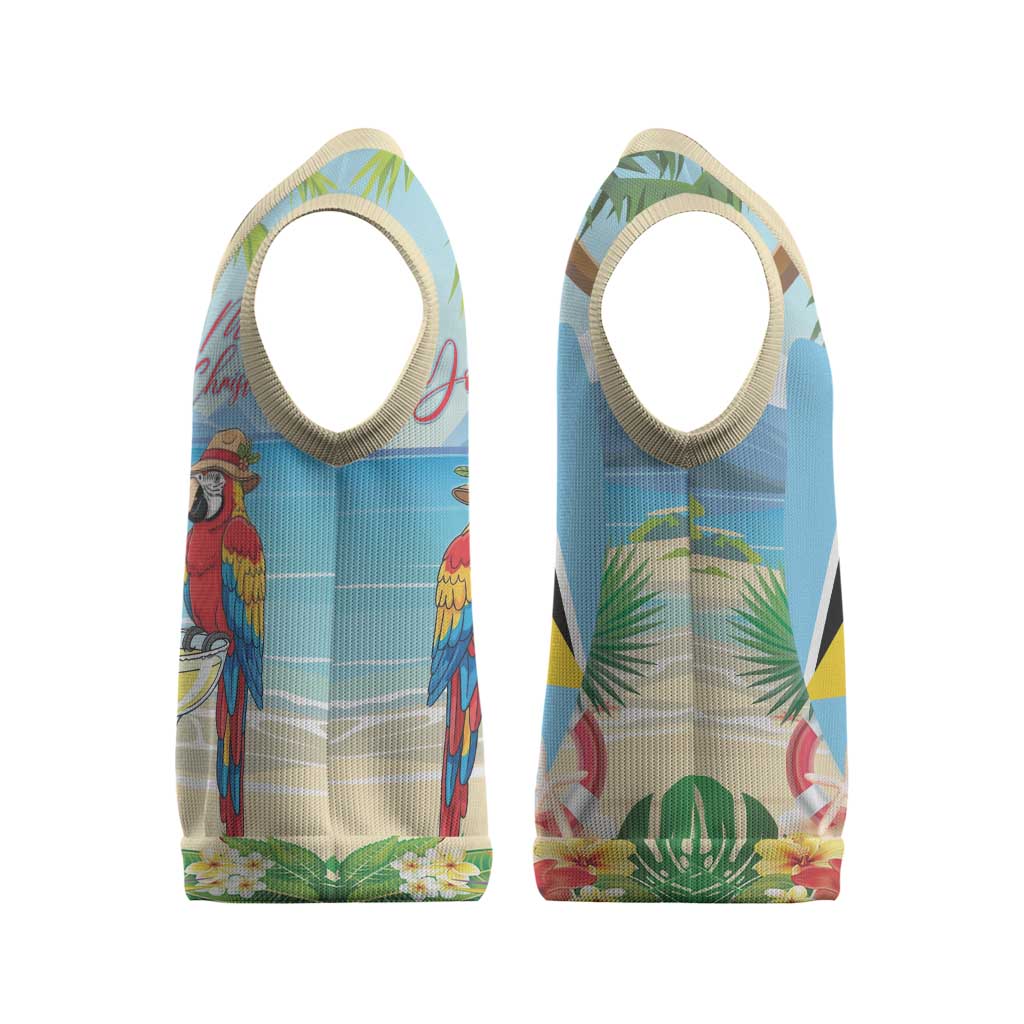 Personalized Saint Lucia Christmas Knitted V-Neck Vest Chill Macaw Parrot Caribbean Tropical Style - Wonder Print Shop