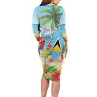 Personalized Saint Lucia Christmas Long Sleeve Bodycon Dress Chill Macaw Parrot Caribbean Tropical Style - Wonder Print Shop