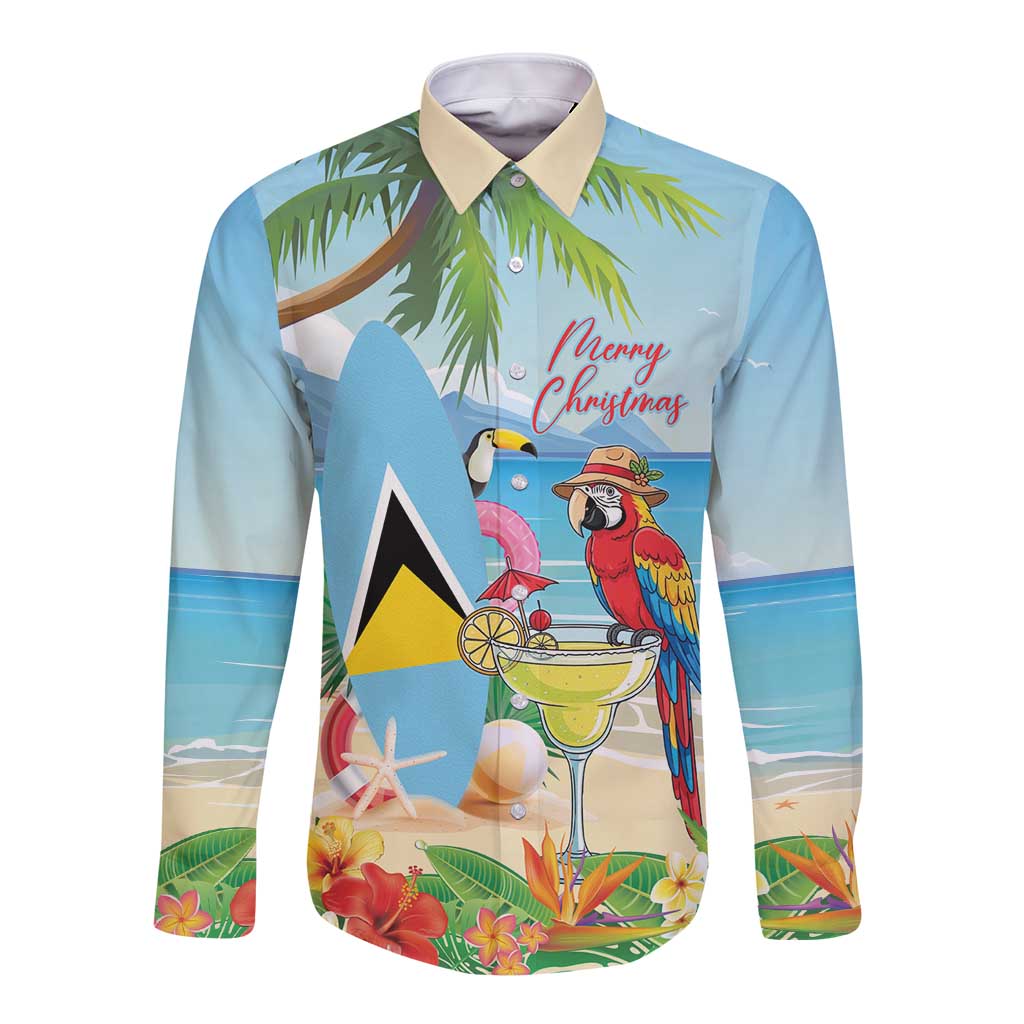 Personalized Saint Lucia Christmas Long Sleeve Button Shirt Chill Macaw Parrot Caribbean Tropical Style - Wonder Print Shop