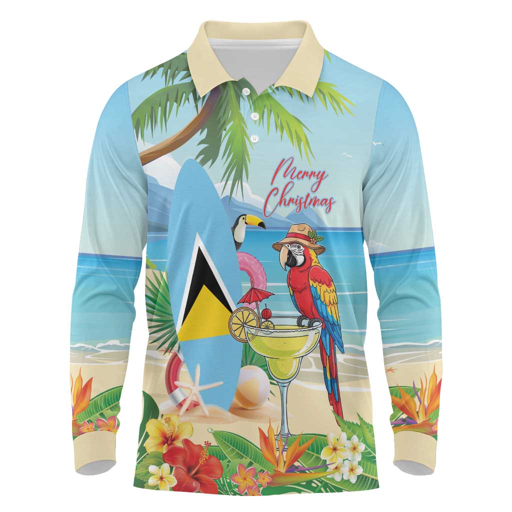 Personalized Saint Lucia Christmas Long Sleeve Polo Shirt Chill Macaw Parrot Caribbean Tropical Style - Wonder Print Shop