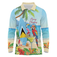 Personalized Saint Lucia Christmas Long Sleeve Polo Shirt Chill Macaw Parrot Caribbean Tropical Style - Wonder Print Shop
