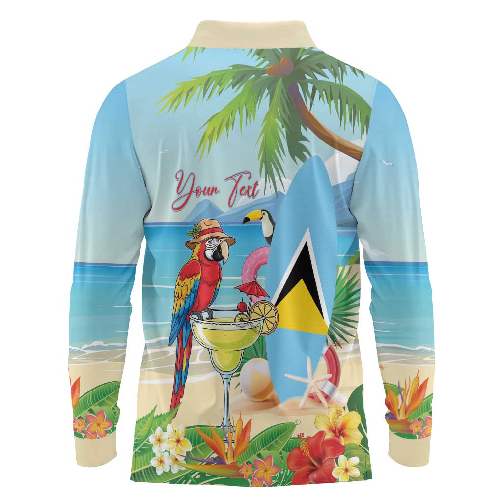 Personalized Saint Lucia Christmas Long Sleeve Polo Shirt Chill Macaw Parrot Caribbean Tropical Style - Wonder Print Shop