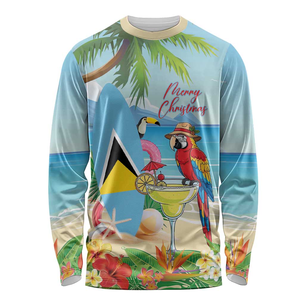 Personalized Saint Lucia Christmas Long Sleeve Shirt Chill Macaw Parrot Caribbean Tropical Style - Wonder Print Shop