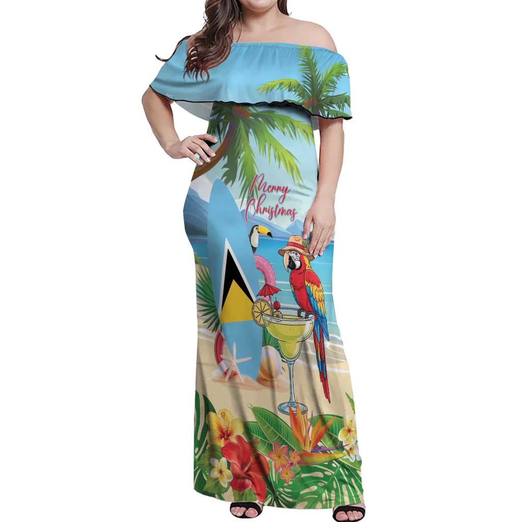 Personalized Saint Lucia Christmas Off Shoulder Maxi Dress Chill Macaw Parrot Caribbean Tropical Style - Wonder Print Shop