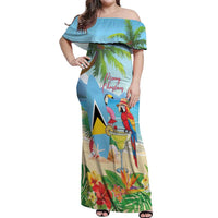 Personalized Saint Lucia Christmas Off Shoulder Maxi Dress Chill Macaw Parrot Caribbean Tropical Style - Wonder Print Shop