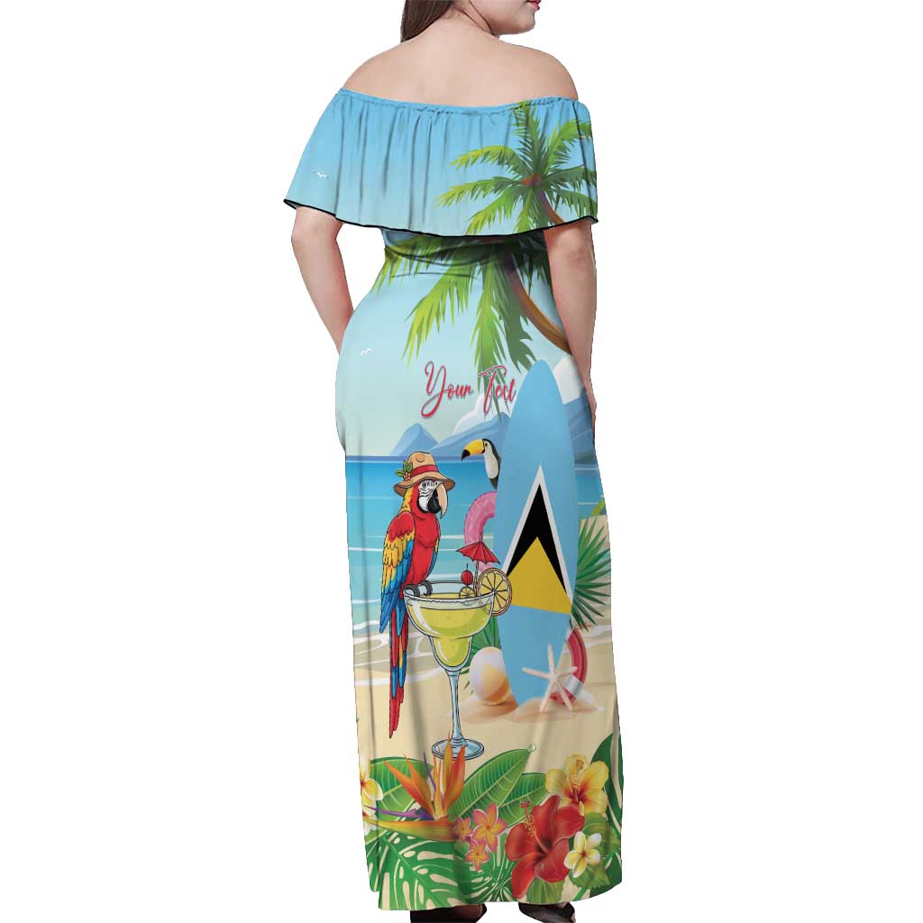 Personalized Saint Lucia Christmas Off Shoulder Maxi Dress Chill Macaw Parrot Caribbean Tropical Style - Wonder Print Shop