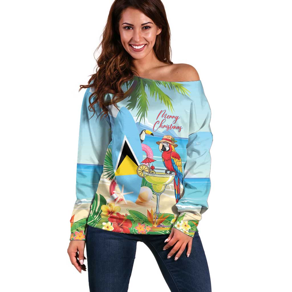 Personalized Saint Lucia Christmas Off Shoulder Sweater Chill Macaw Parrot Caribbean Tropical Style - Wonder Print Shop