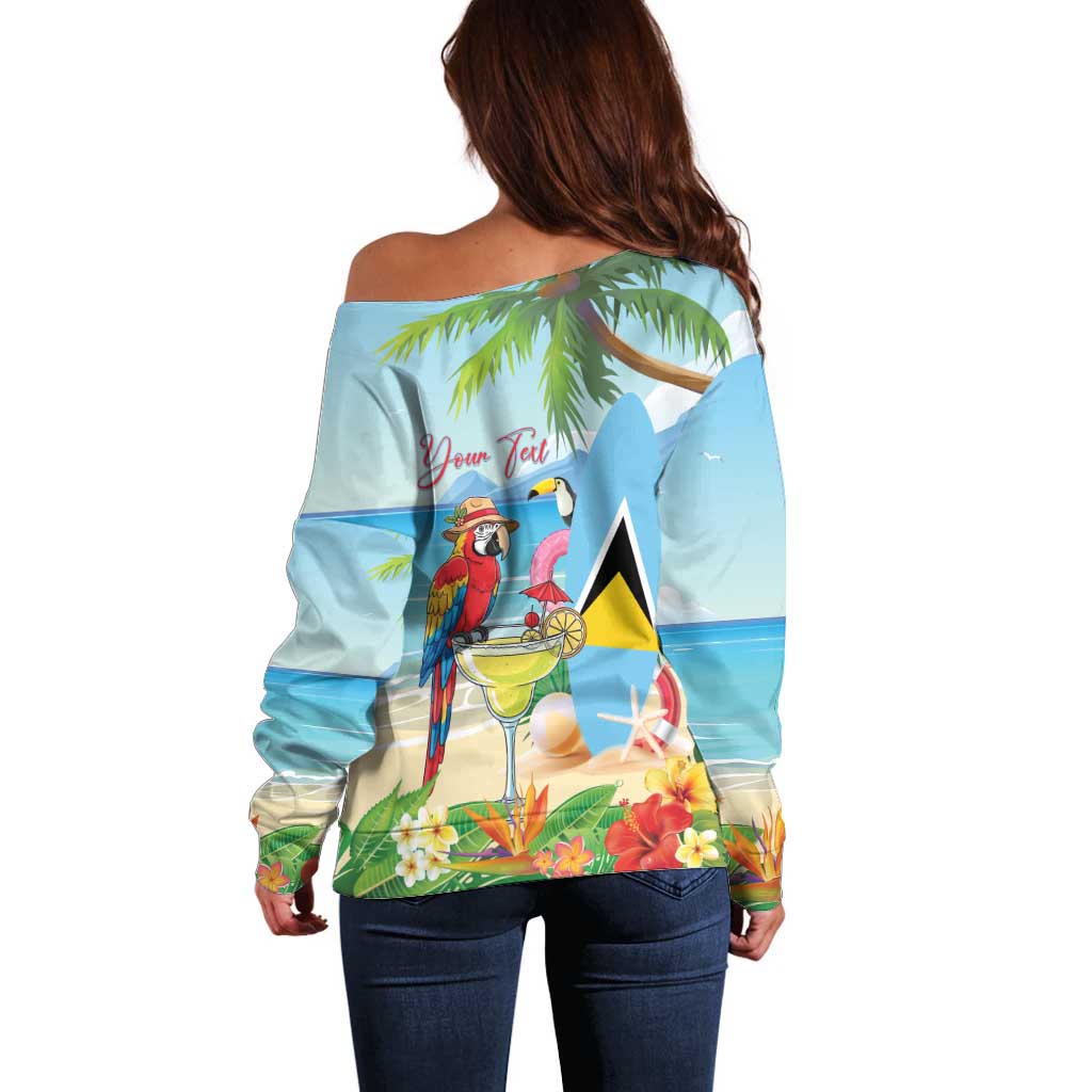 Personalized Saint Lucia Christmas Off Shoulder Sweater Chill Macaw Parrot Caribbean Tropical Style - Wonder Print Shop