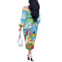 Personalized Saint Lucia Christmas Off The Shoulder Long Sleeve Dress Chill Macaw Parrot Caribbean Tropical Style - Wonder Print Shop