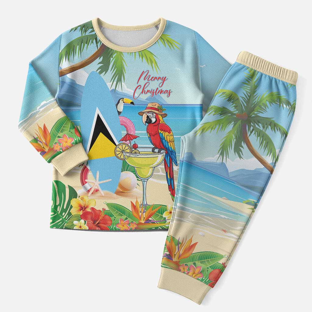 Personalized Saint Lucia Christmas Pajama Set Chill Macaw Parrot Caribbean Tropical Style - Wonder Print Shop