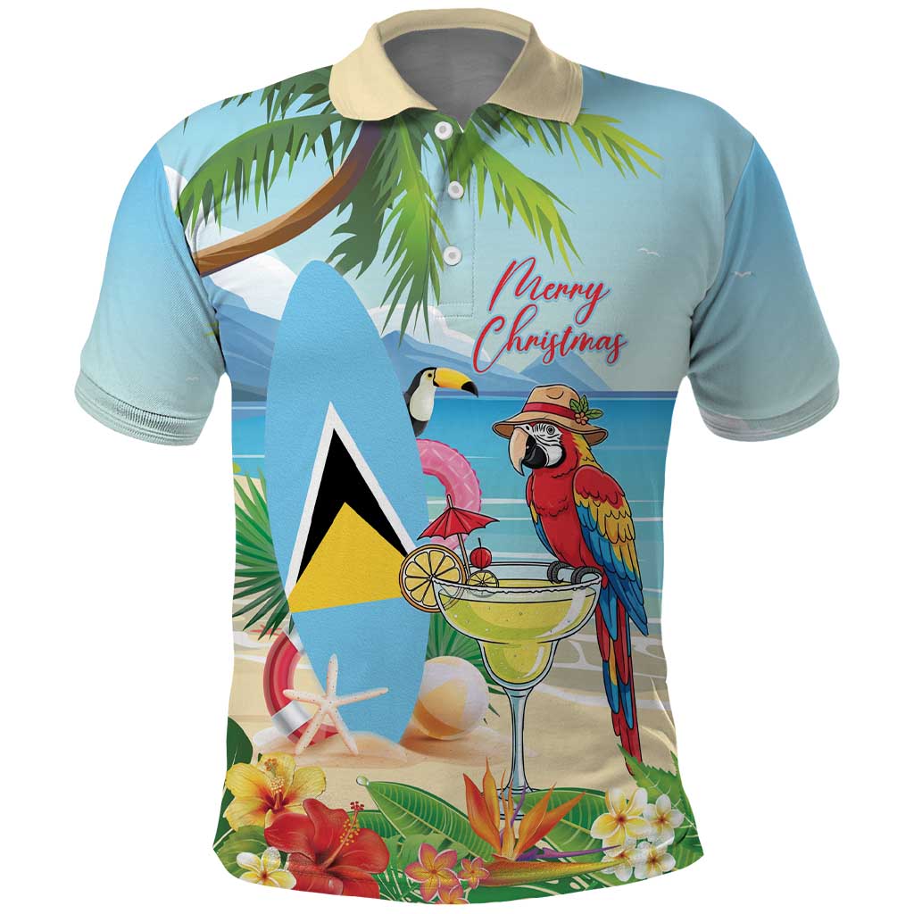 Personalized Saint Lucia Christmas Polo Shirt Chill Macaw Parrot Caribbean Tropical Style - Wonder Print Shop