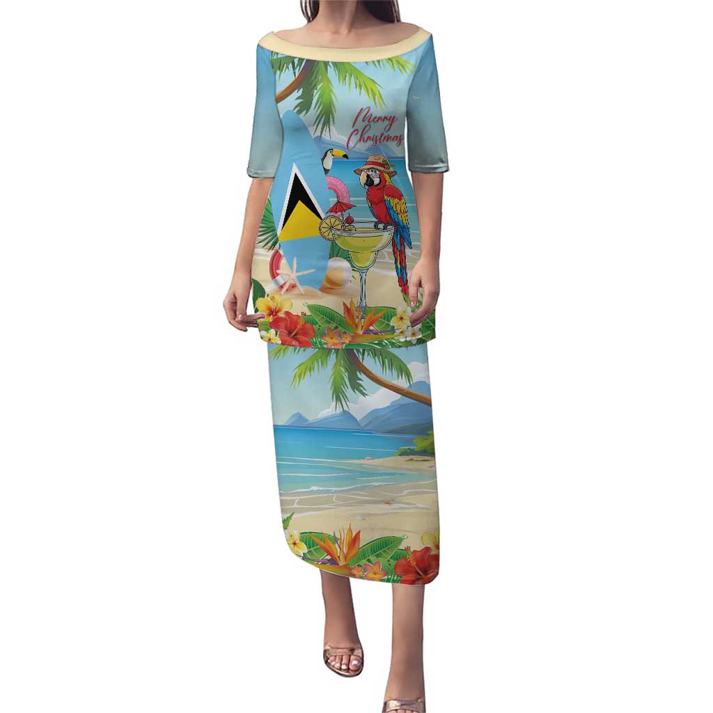 Personalized Saint Lucia Christmas Puletasi Chill Macaw Parrot Caribbean Tropical Style - Wonder Print Shop