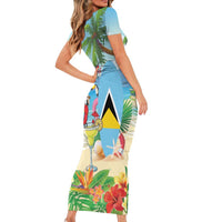 Personalized Saint Lucia Christmas Short Sleeve Bodycon Dress Chill Macaw Parrot Caribbean Tropical Style - Wonder Print Shop