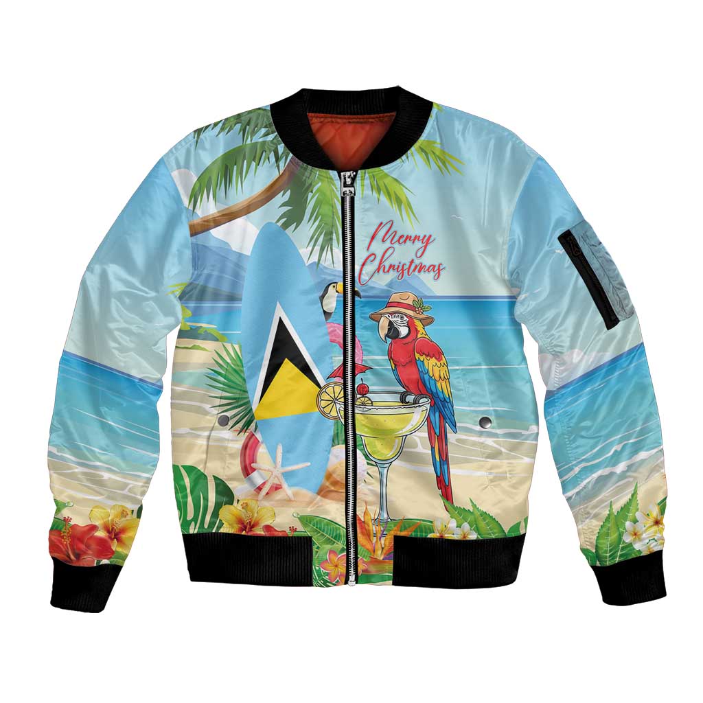 Personalized Saint Lucia Christmas Sleeve Zip Bomber Jacket Chill Macaw Parrot Caribbean Tropical Style - Wonder Print Shop