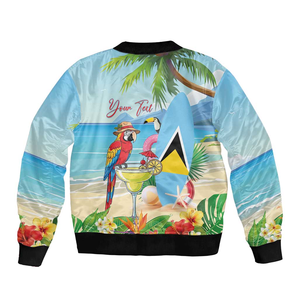 Personalized Saint Lucia Christmas Sleeve Zip Bomber Jacket Chill Macaw Parrot Caribbean Tropical Style - Wonder Print Shop
