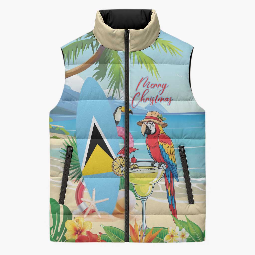 Personalized Saint Lucia Christmas Sleeveless Puffer Jacket Chill Macaw Parrot Caribbean Tropical Style - Wonder Print Shop