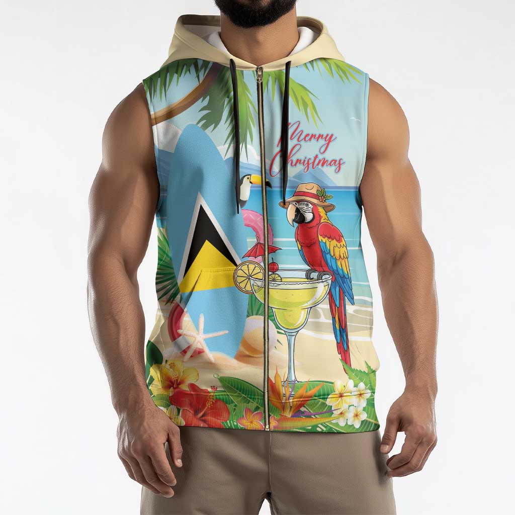 Personalized Saint Lucia Christmas Sleeveless Zip Hoodie Chill Macaw Parrot Caribbean Tropical Style - Wonder Print Shop