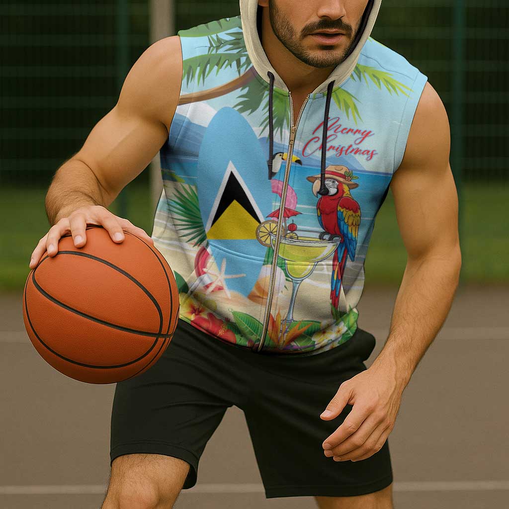 Personalized Saint Lucia Christmas Sleeveless Zip Hoodie Chill Macaw Parrot Caribbean Tropical Style - Wonder Print Shop