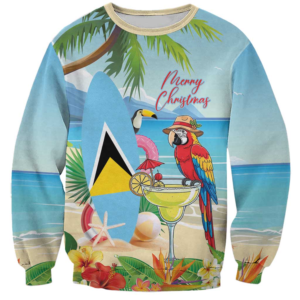 Personalized Saint Lucia Christmas Sweatshirt Chill Macaw Parrot Caribbean Tropical Style - Wonder Print Shop