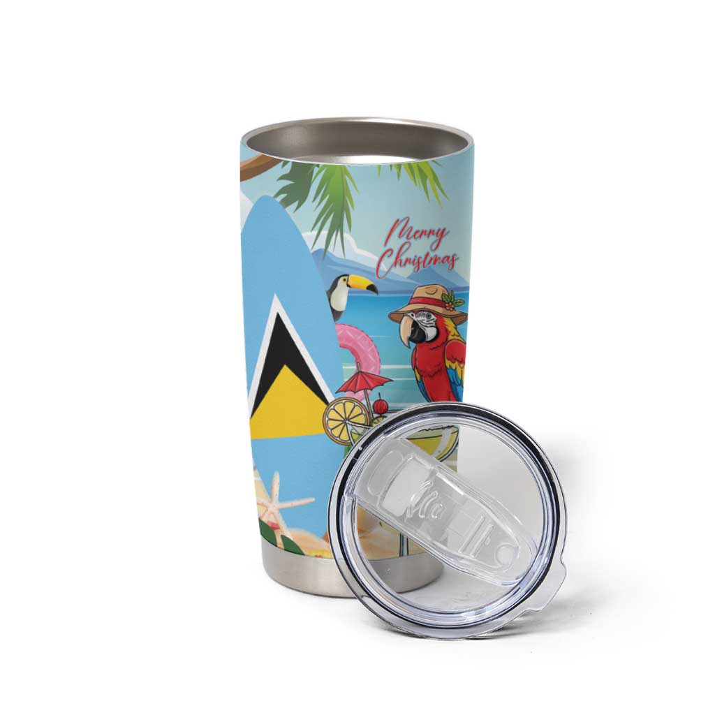 Personalized Saint Lucia Christmas Tumbler Cup Chill Macaw Parrot Caribbean Tropical Style - Wonder Print Shop